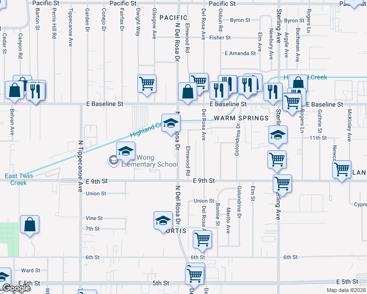 map of restaurants, bars, coffee shops, grocery stores, and more near 7474 Elmwood Road in San Bernardino