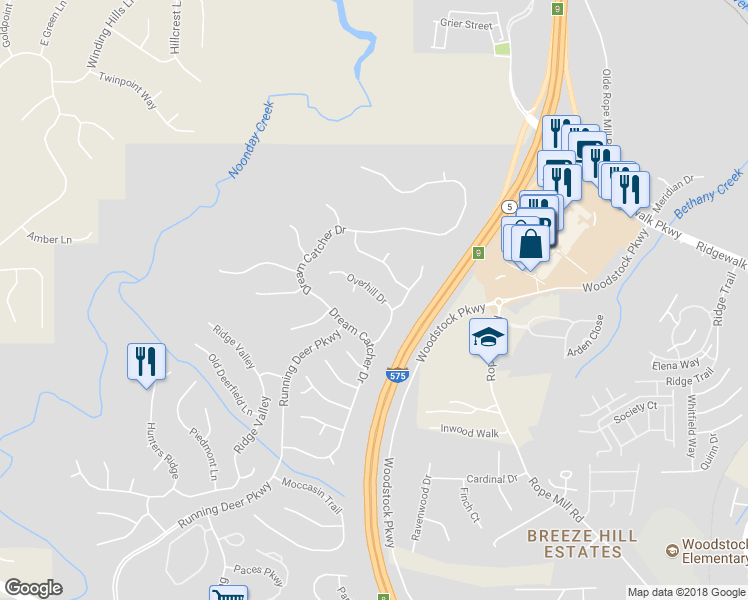 map of restaurants, bars, coffee shops, grocery stores, and more near 619 Overhill Drive in Woodstock