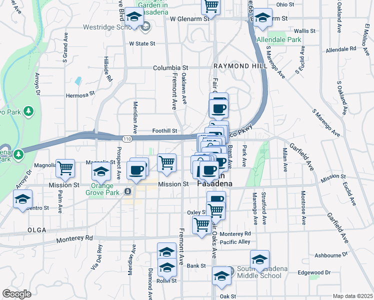 map of restaurants, bars, coffee shops, grocery stores, and more near 701 Mound Avenue in South Pasadena