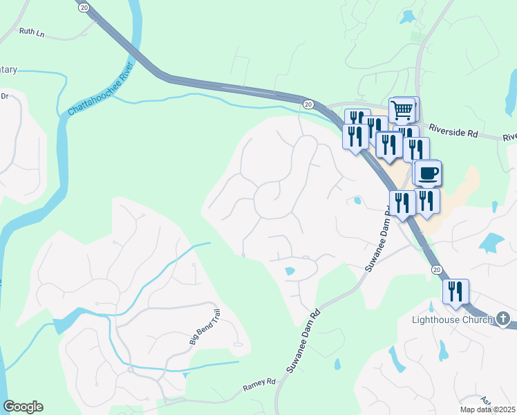 map of restaurants, bars, coffee shops, grocery stores, and more near 6291 Mountain Ridge Circle in Sugar Hill