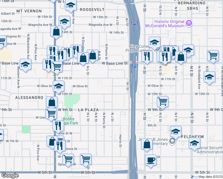 map of restaurants, bars, coffee shops, grocery stores, and more near 1032 North J Street in San Bernardino