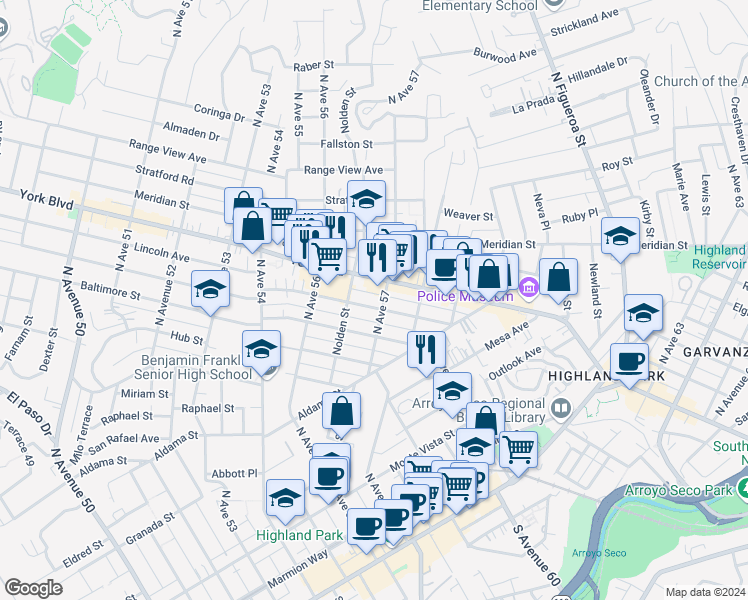map of restaurants, bars, coffee shops, grocery stores, and more near 5681 Buchanan Street in Los Angeles
