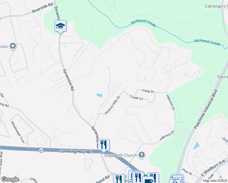 map of restaurants, bars, coffee shops, grocery stores, and more near 1311 Hickory Hills Drive in Sugar Hill