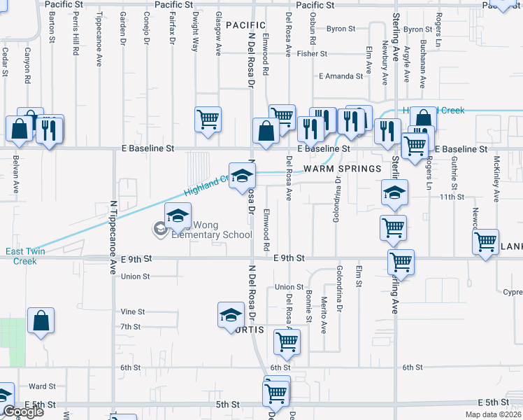 map of restaurants, bars, coffee shops, grocery stores, and more near 7474 Elmwood Road in San Bernardino