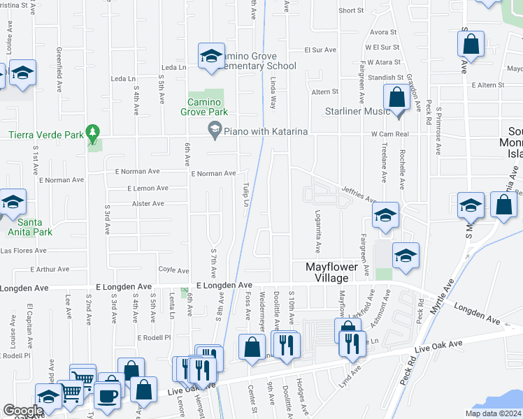 map of restaurants, bars, coffee shops, grocery stores, and more near 911 Magnis Street in Arcadia