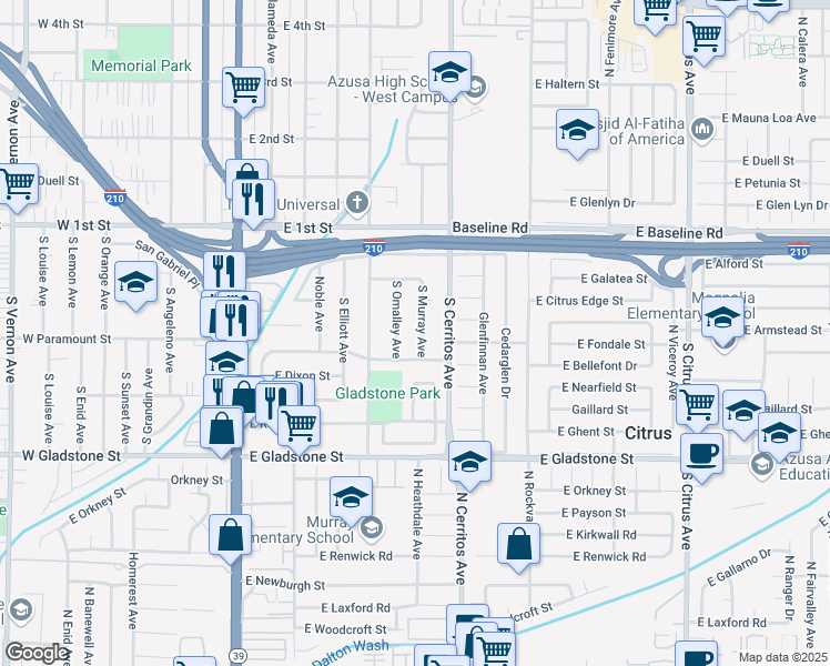 map of restaurants, bars, coffee shops, grocery stores, and more near 241 South Murray Avenue in Azusa