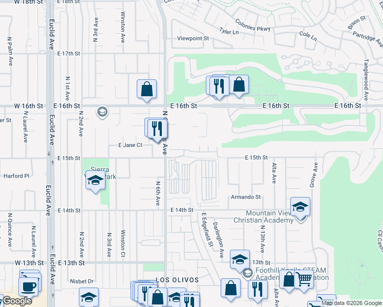 map of restaurants, bars, coffee shops, grocery stores, and more near 920 Sawtooth Drive in Upland