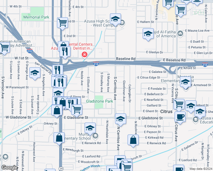 map of restaurants, bars, coffee shops, grocery stores, and more near 241 South Murray Avenue in Azusa