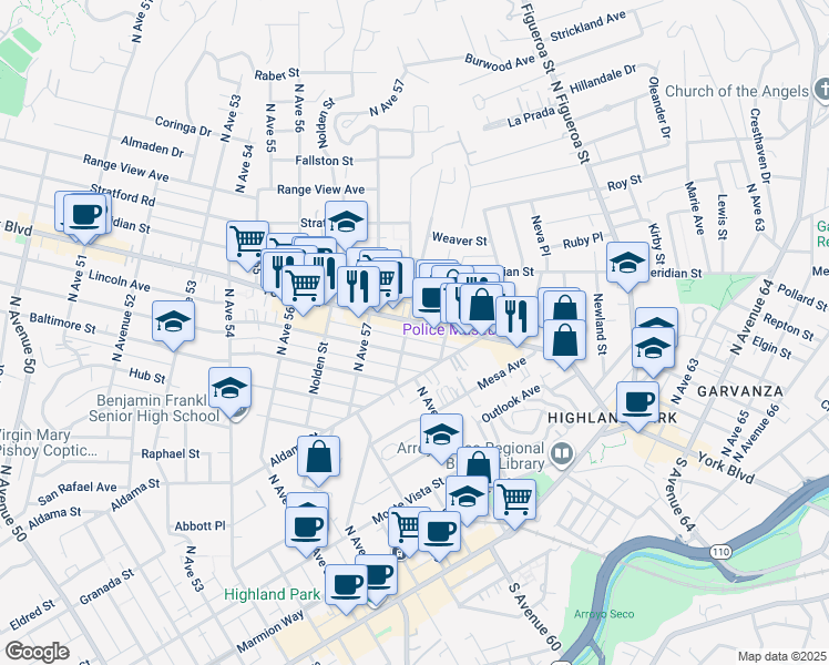 map of restaurants, bars, coffee shops, grocery stores, and more near 5800 Buchanan Street in Los Angeles