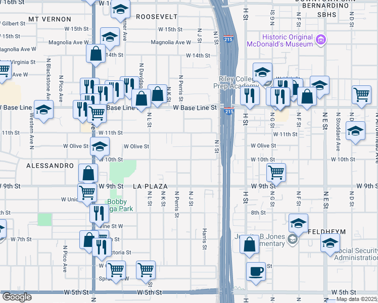 map of restaurants, bars, coffee shops, grocery stores, and more near 1032 North J Street in San Bernardino
