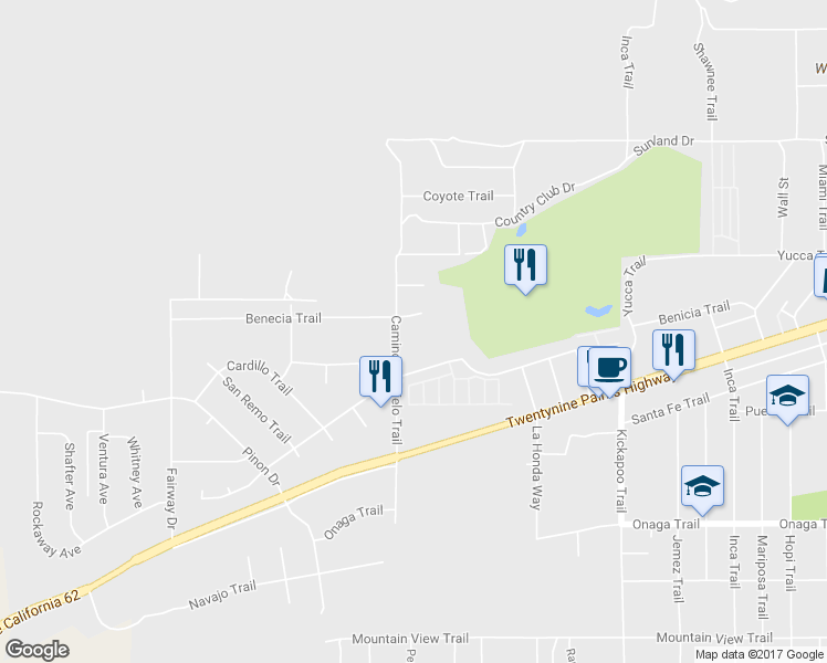 map of restaurants, bars, coffee shops, grocery stores, and more near 54925 Benecia Trail in Yucca Valley