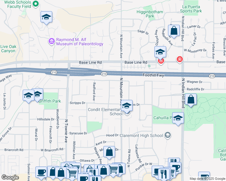 map of restaurants, bars, coffee shops, grocery stores, and more near 872 Knox Place in Claremont