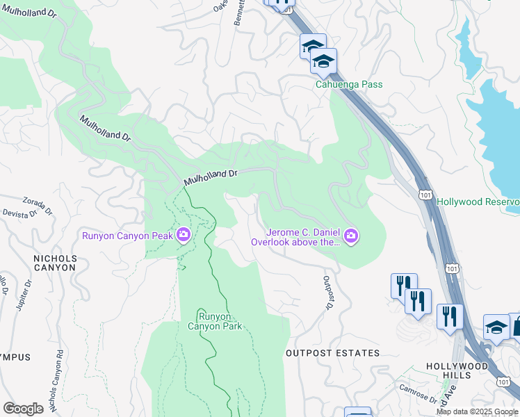 map of restaurants, bars, coffee shops, grocery stores, and more near 2720 Outpost Drive in Los Angeles