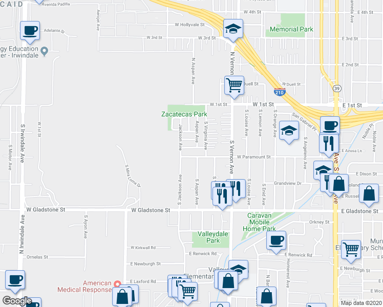 map of restaurants, bars, coffee shops, grocery stores, and more near 955 West Paramount Street in Azusa
