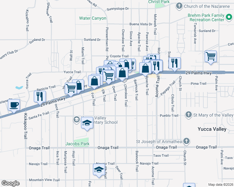map of restaurants, bars, coffee shops, grocery stores, and more near 7425 Deer Trail in Yucca Valley