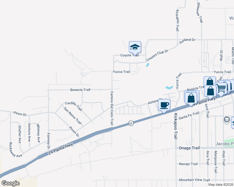 map of restaurants, bars, coffee shops, grocery stores, and more near 54925 Benecia Trail in Yucca Valley