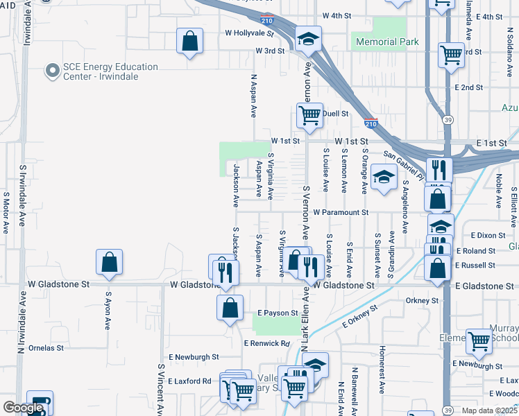 map of restaurants, bars, coffee shops, grocery stores, and more near 927 West Paramount Street in Azusa