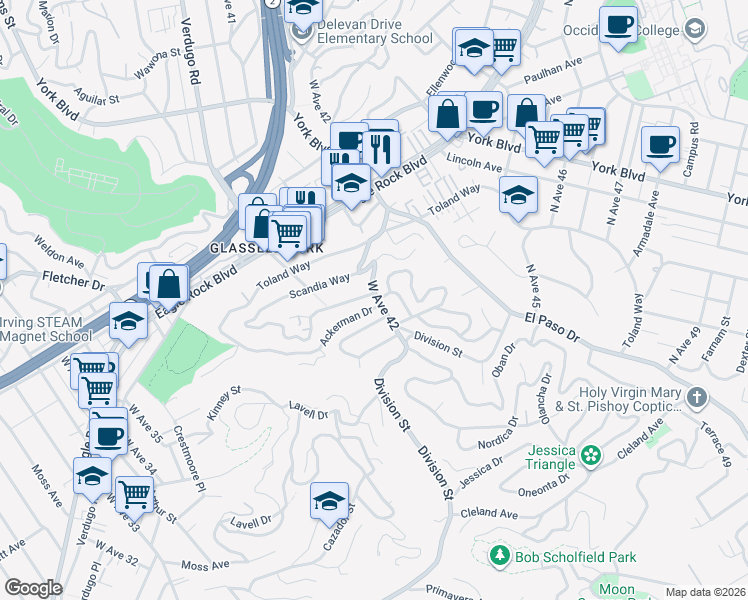 map of restaurants, bars, coffee shops, grocery stores, and more near 4130 Verdugo View Drive in Los Angeles