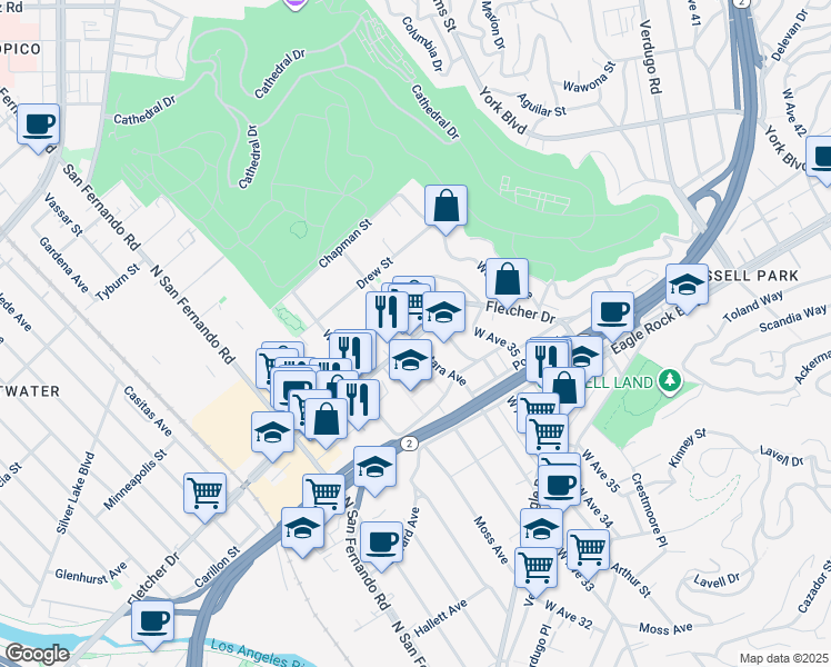 map of restaurants, bars, coffee shops, grocery stores, and more near 3350 Fletcher Drive in Los Angeles