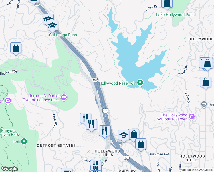 map of restaurants, bars, coffee shops, grocery stores, and more near 2700 Cahuenga Boulevard in Los Angeles