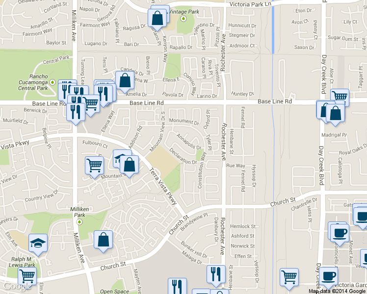 map of restaurants, bars, coffee shops, grocery stores, and more near 11734 Parliament Drive in Rancho Cucamonga