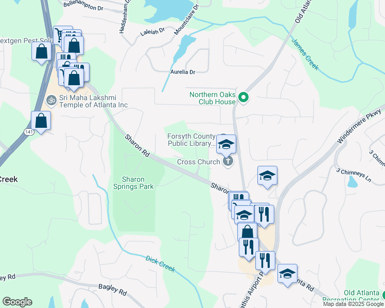 map of restaurants, bars, coffee shops, grocery stores, and more near 2235 Windsor Bluffs Drive in Cumming
