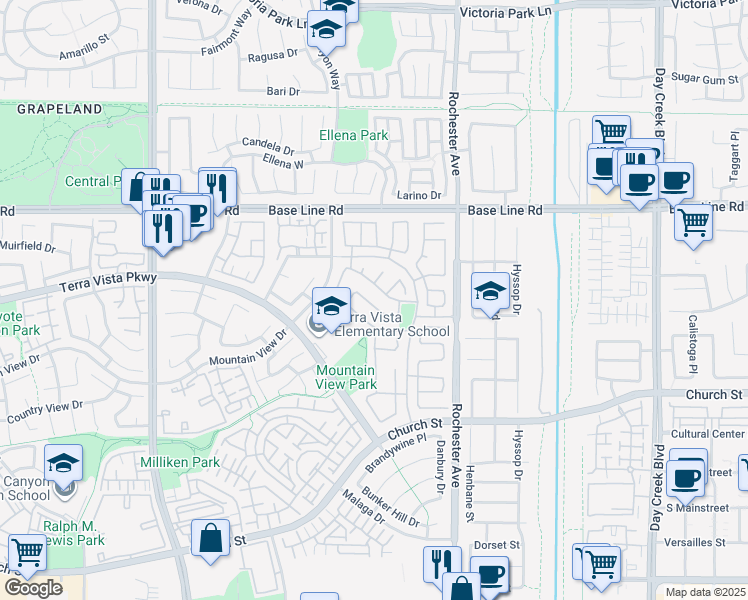 map of restaurants, bars, coffee shops, grocery stores, and more near 11734 Parliament Drive in Rancho Cucamonga
