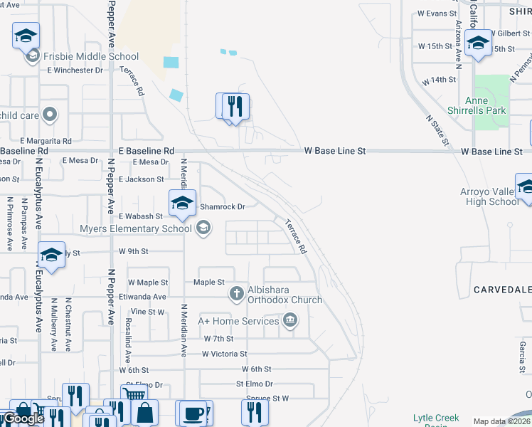map of restaurants, bars, coffee shops, grocery stores, and more near 1040 Terrace Road in San Bernardino