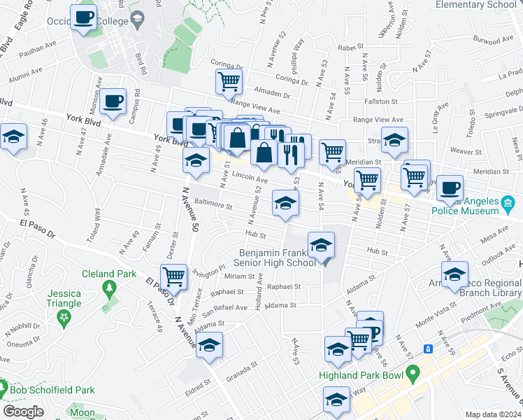 map of restaurants, bars, coffee shops, grocery stores, and more near 5209 Baltimore Street in Los Angeles