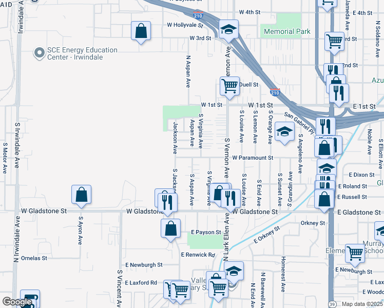 map of restaurants, bars, coffee shops, grocery stores, and more near 927 West Paramount Street in Azusa