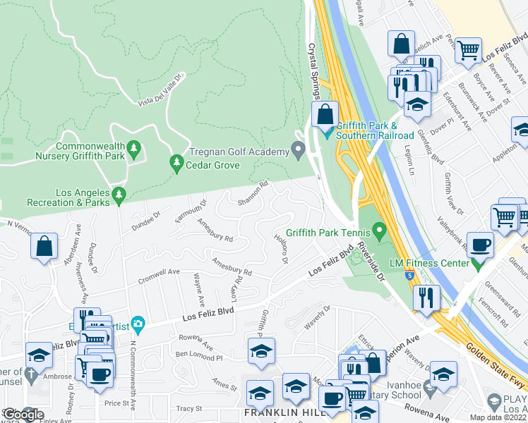map of restaurants, bars, coffee shops, grocery stores, and more near 3811 Carnavon Way in Los Angeles