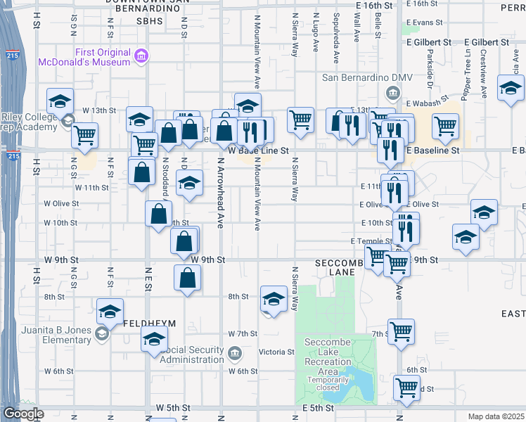 map of restaurants, bars, coffee shops, grocery stores, and more near 1031 North Mountain View Avenue in San Bernardino