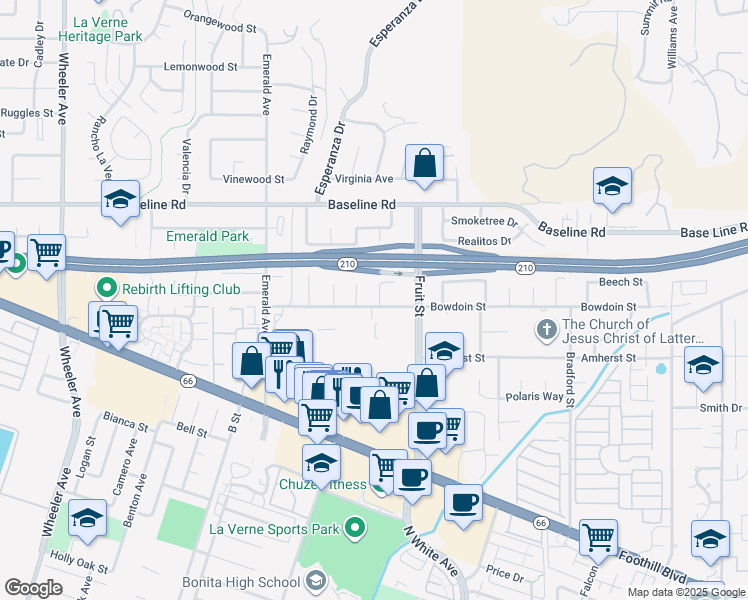 map of restaurants, bars, coffee shops, grocery stores, and more near 4311 Pleasant Street in La Verne