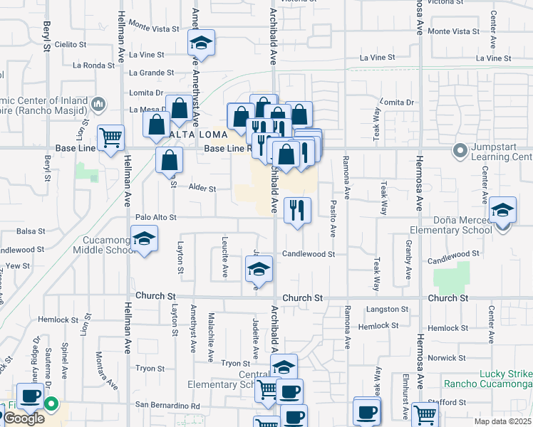 map of restaurants, bars, coffee shops, grocery stores, and more near 7450 Archibald Avenue in Rancho Cucamonga