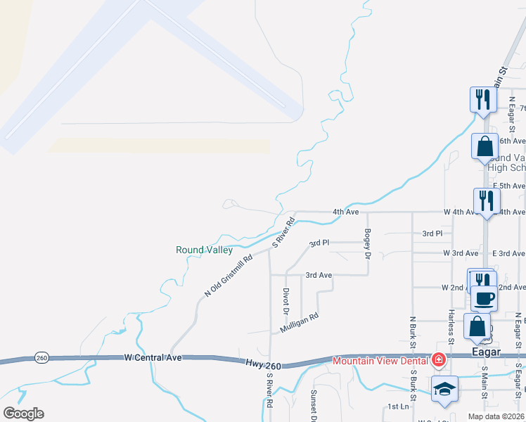 map of restaurants, bars, coffee shops, grocery stores, and more near North River Road in Eagar