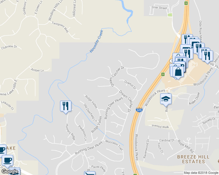 map of restaurants, bars, coffee shops, grocery stores, and more near 203 Beaver Creek Lane in Woodstock