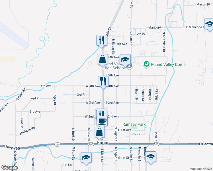 map of restaurants, bars, coffee shops, grocery stores, and more near 401 North Main Street in Eagar