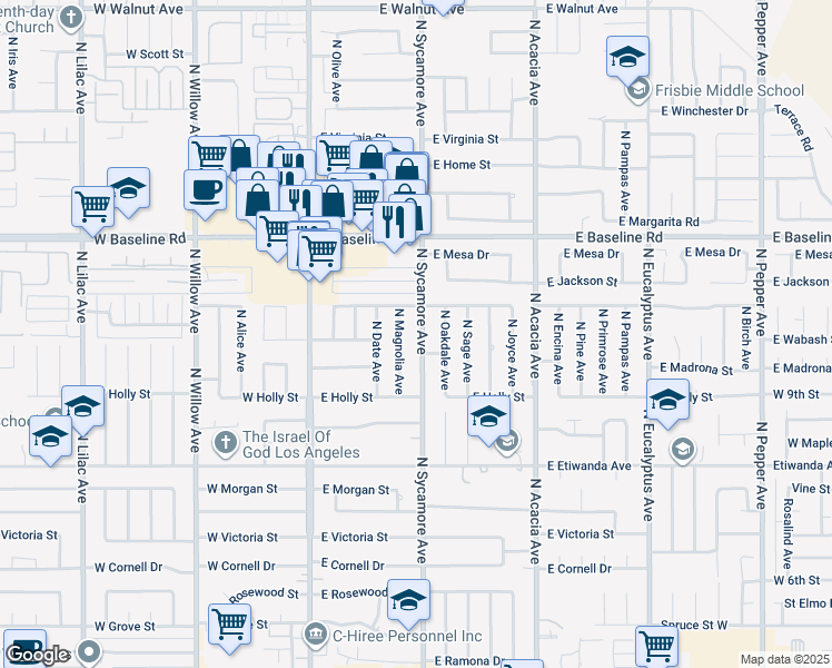 map of restaurants, bars, coffee shops, grocery stores, and more near 1032 North Sycamore Avenue in Rialto
