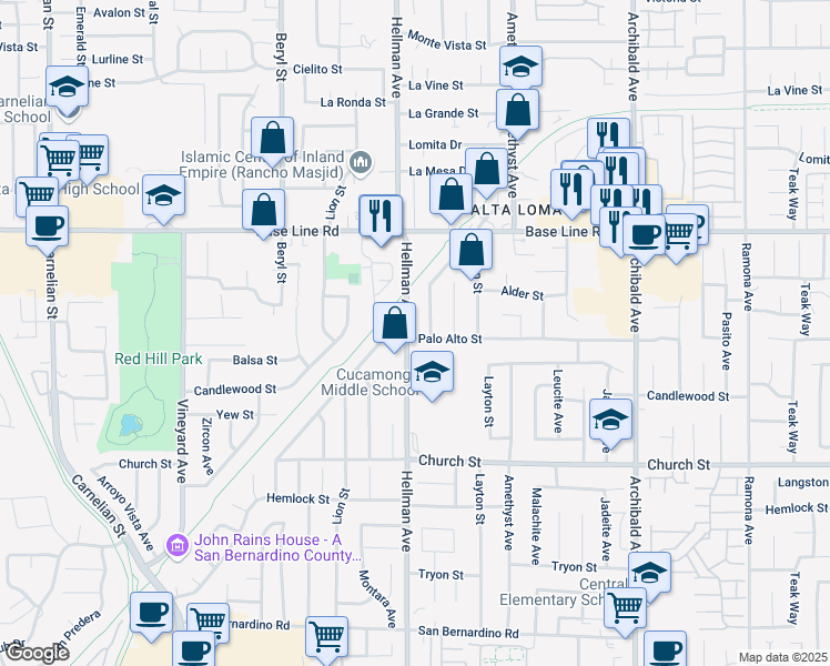 map of restaurants, bars, coffee shops, grocery stores, and more near 7471 Hellman Avenue in Rancho Cucamonga