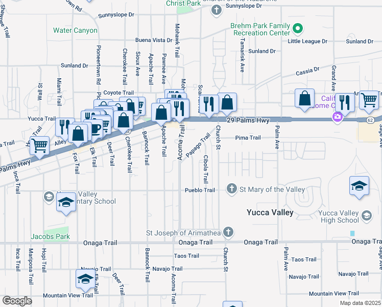 map of restaurants, bars, coffee shops, grocery stores, and more near 7401 Borrego Trail in Yucca Valley