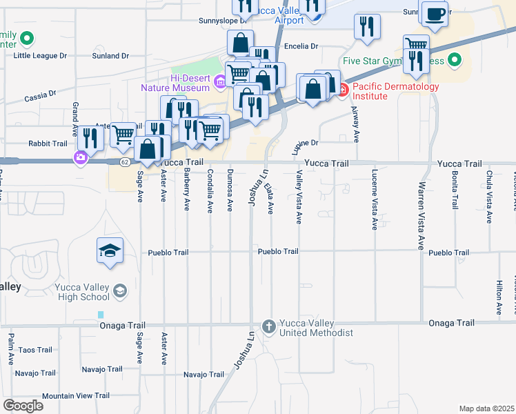 map of restaurants, bars, coffee shops, grocery stores, and more near 7411 Joshua Lane in Yucca Valley
