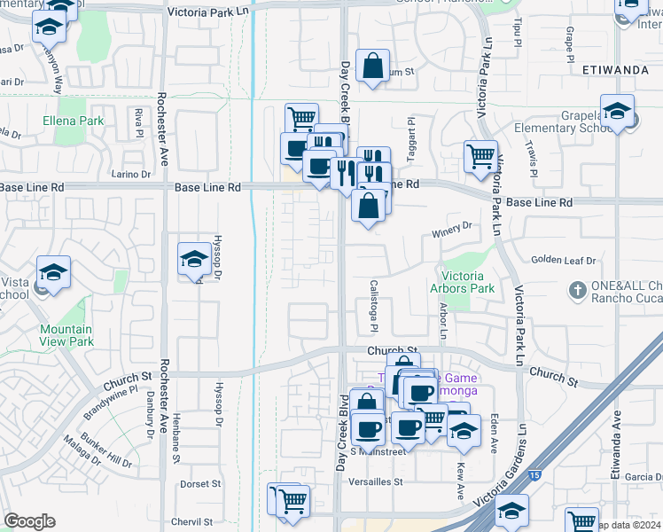 map of restaurants, bars, coffee shops, grocery stores, and more near 12253 Radiance Drive in Rancho Cucamonga