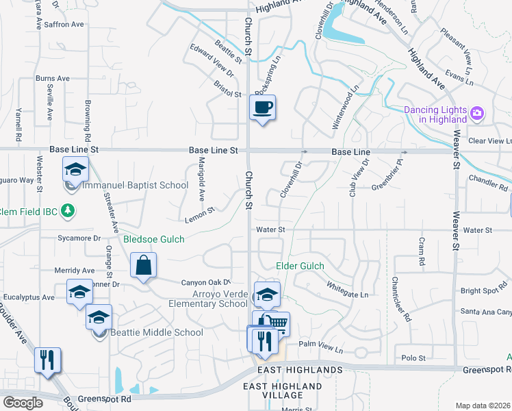 map of restaurants, bars, coffee shops, grocery stores, and more near 28911 Willow Creek Lane in Highland
