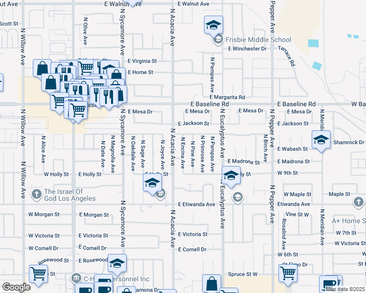 map of restaurants, bars, coffee shops, grocery stores, and more near 1005 North Encina Avenue in Rialto