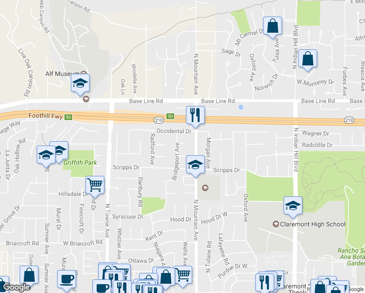 map of restaurants, bars, coffee shops, grocery stores, and more near 872 Knox Place in Claremont