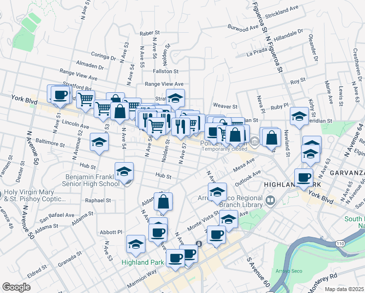 map of restaurants, bars, coffee shops, grocery stores, and more near 5685 1/2 York Boulevard in Los Angeles