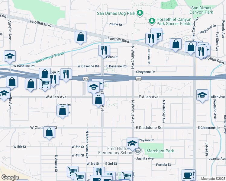 map of restaurants, bars, coffee shops, grocery stores, and more near 963 Sedona Court in San Dimas
