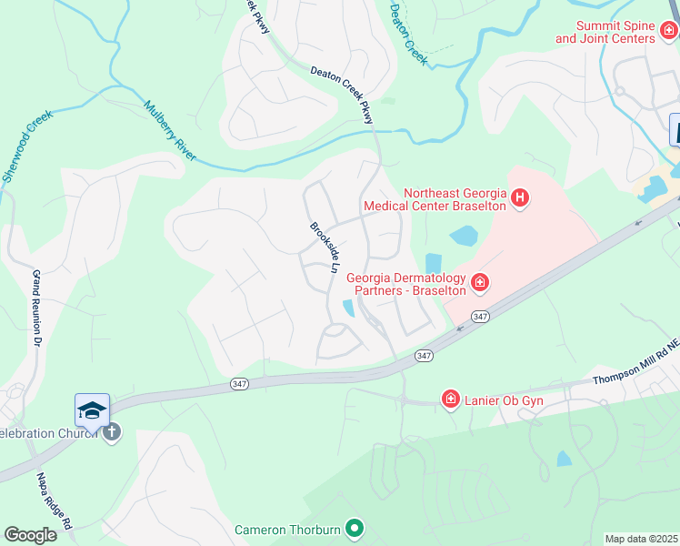 map of restaurants, bars, coffee shops, grocery stores, and more near 6220 Brookside Lane in Hoschton