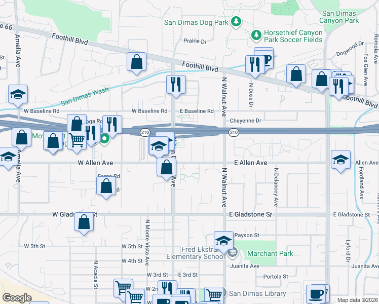 map of restaurants, bars, coffee shops, grocery stores, and more near 943 Sedona Court in San Dimas