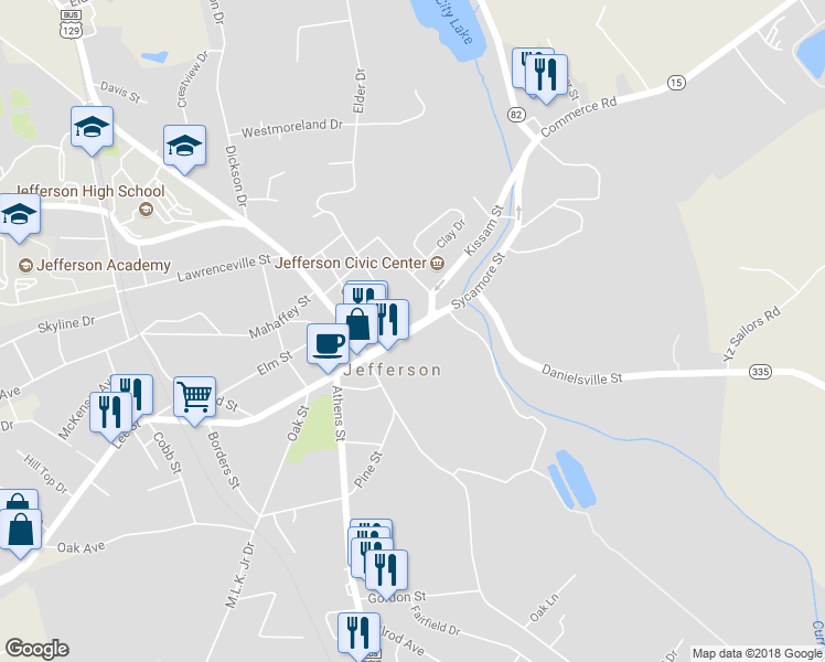 map of restaurants, bars, coffee shops, grocery stores, and more near 82 Georgia 82 North in Jefferson